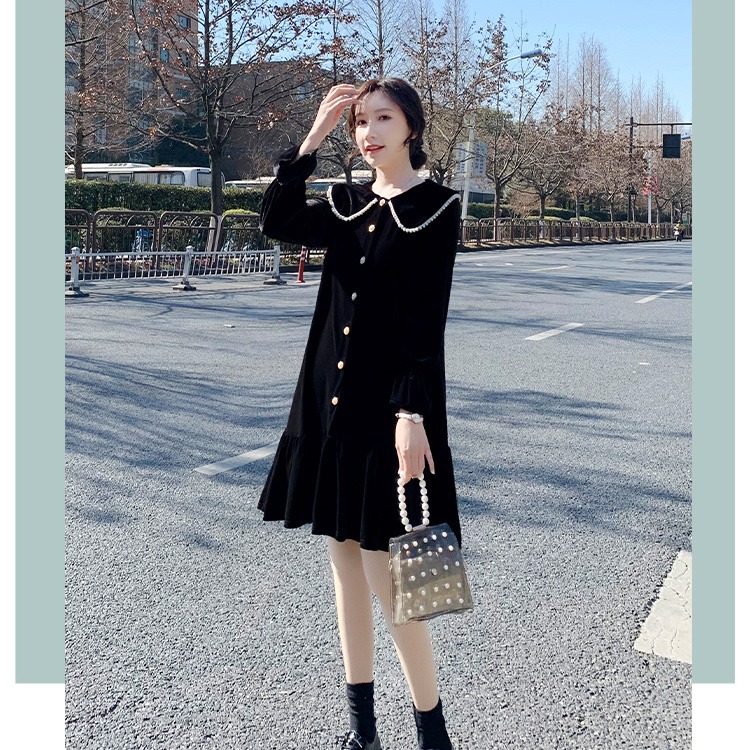 娃娃领2小黑裙 金莱丝顿2021年新款春秋女装韩版 长袖金丝绒显瘦 A字型-连衣裙