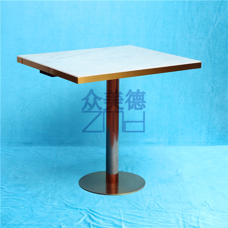 众美德奶茶店餐桌，cz-1087大理石餐桌，不锈钢包边桌子厂家定制