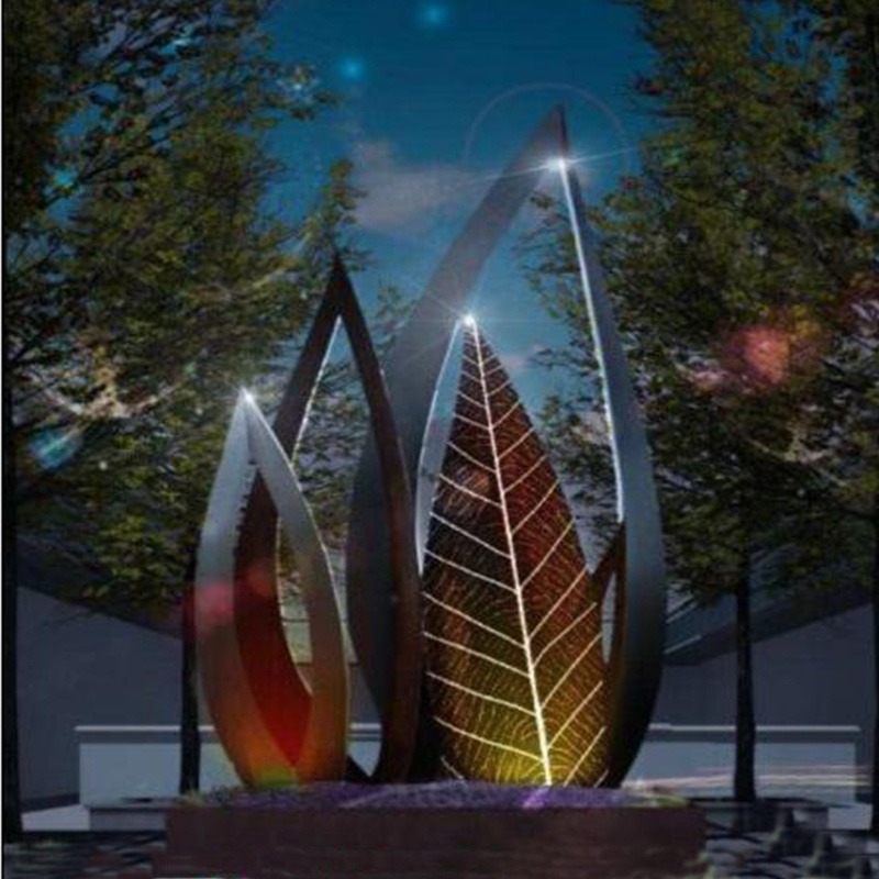 不锈钢雕塑 树叶镂空雕塑 灯光摆件 彩色树叶雕塑 户外公园夜景装饰摆件