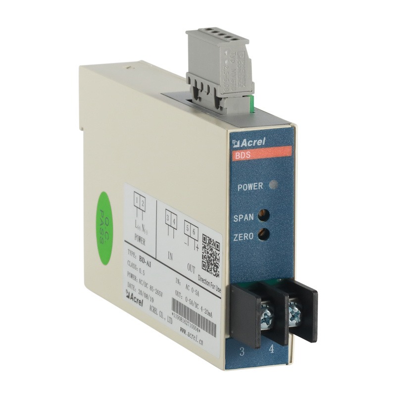 供应安科瑞电压变送器BD-A V测量单相交流电压4-20mA或DC0-5V输出导轨安装两年质保