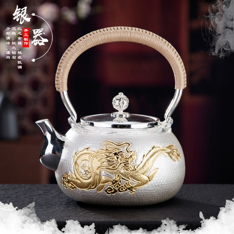 飞龙鎏金银壶 999纯银一体烧水壶大容量纯手工银茶壶煮茶银壶