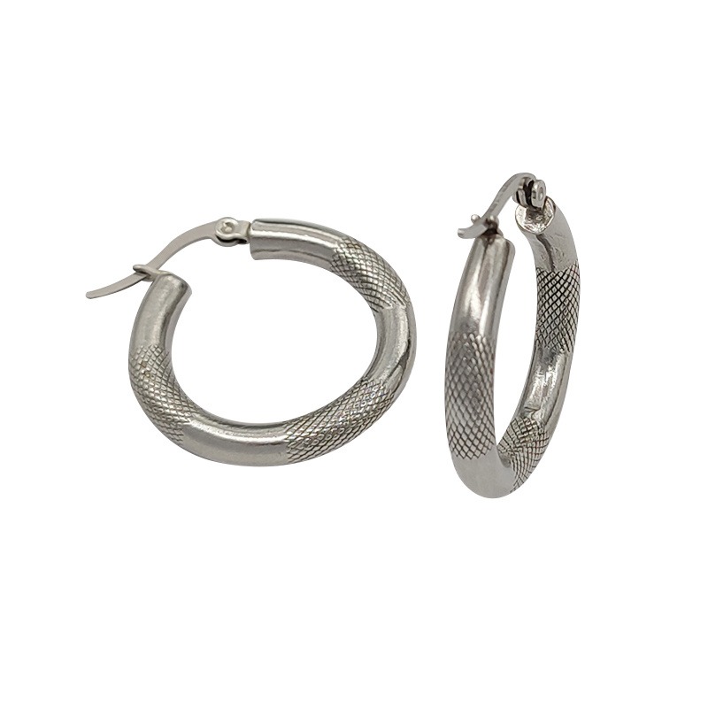 欧美时尚4.0线径圆圈实心耳环网格纹理耳圈不锈钢夸张加粗圆形耳环设计感耳环耳钉女