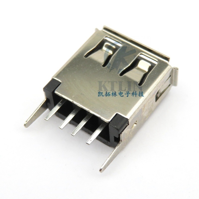 USB连接器 180度 立插 二脚直插 H=13.7 直脚 卷边 4pin 2.0 USB母座 黑胶芯