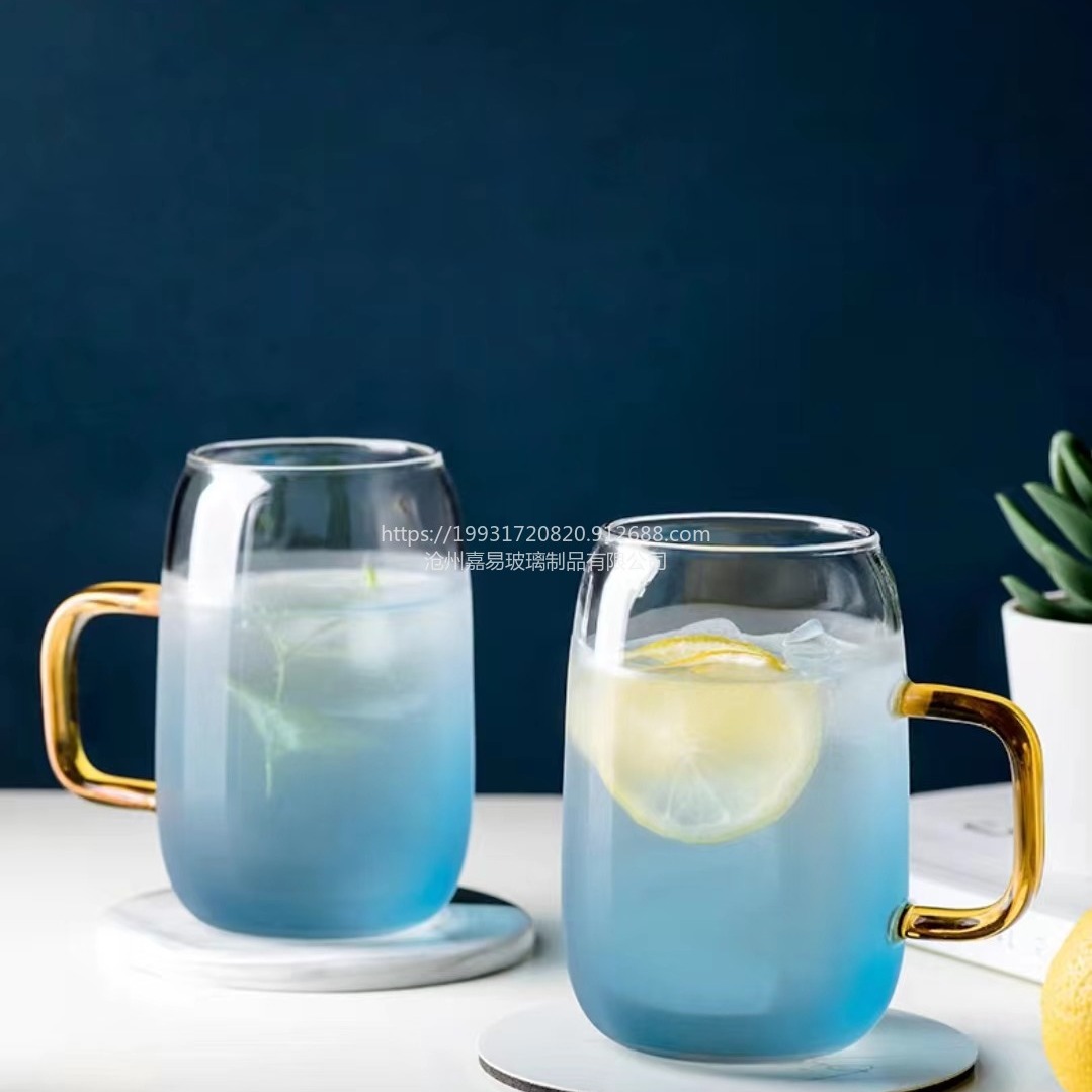 河间嘉易手工吹制创意艺术蓝色玻璃杯牛奶杯果汁杯耐高温透明水杯