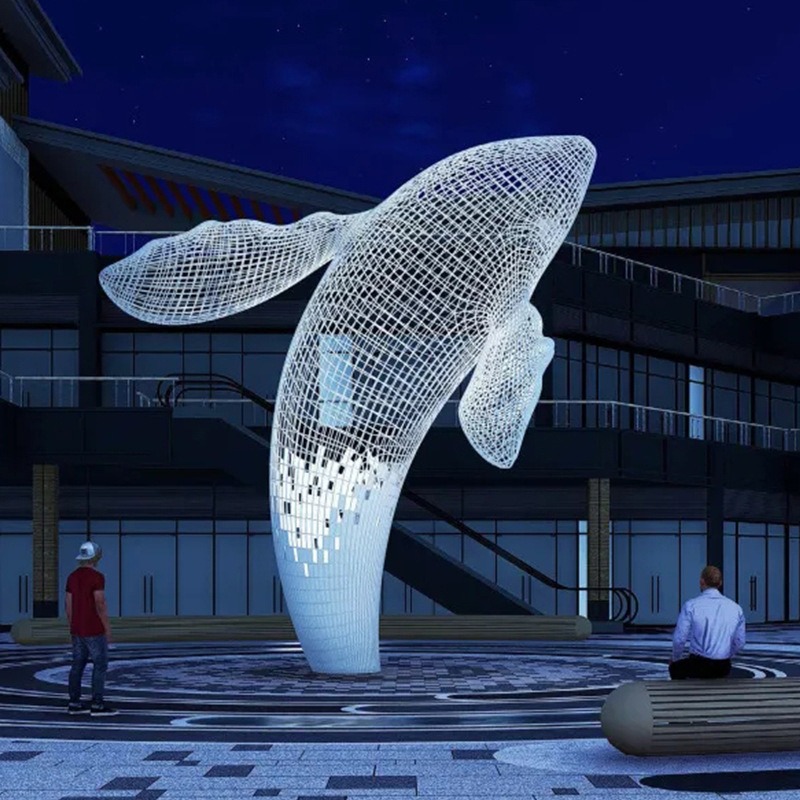 鲸鱼不锈钢雕塑 镂空鲸鱼雕塑 动物景观摆件 巨型户外广场落地摆件