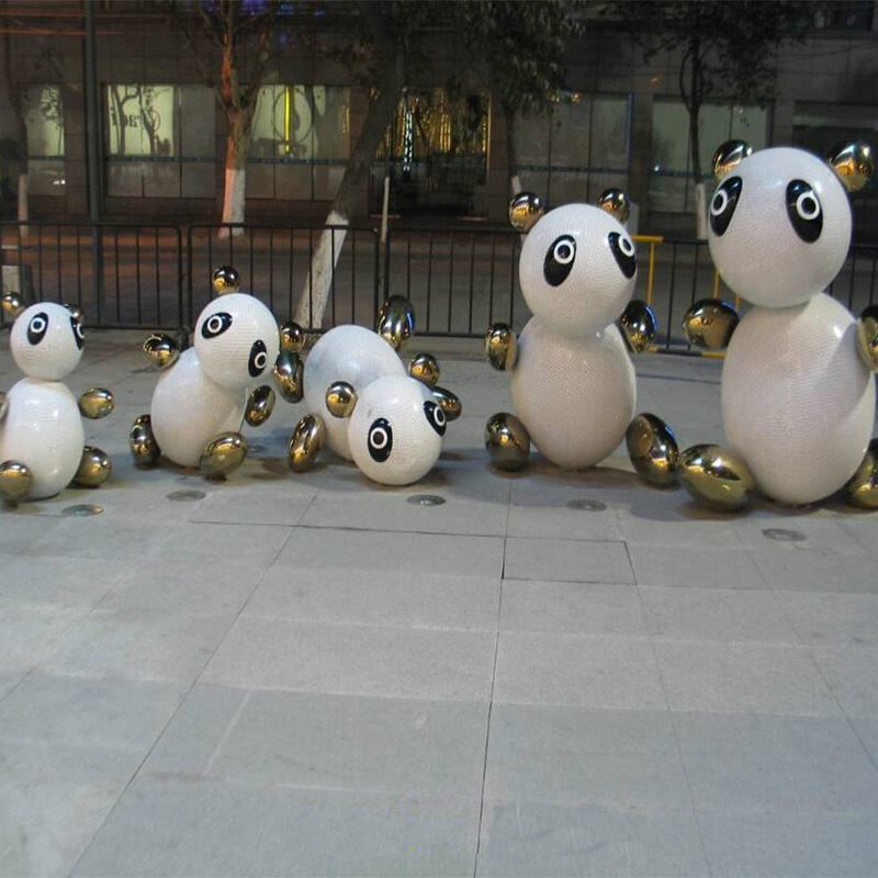 熊猫不锈钢雕塑 抽象熊猫雕塑 卡通动物雕塑 户外园林景观摆件