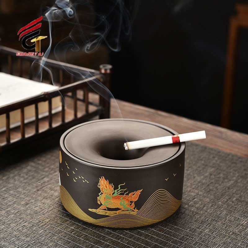 釉下彩创意烟缸 陶瓷复古大号摆件 个性居家客厅卧室烟灰缸 昌泰工艺
