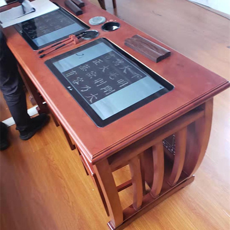 投影书法临摹桌厂家现货书法国学讲桌中式仿古实木马鞍桌凳图片