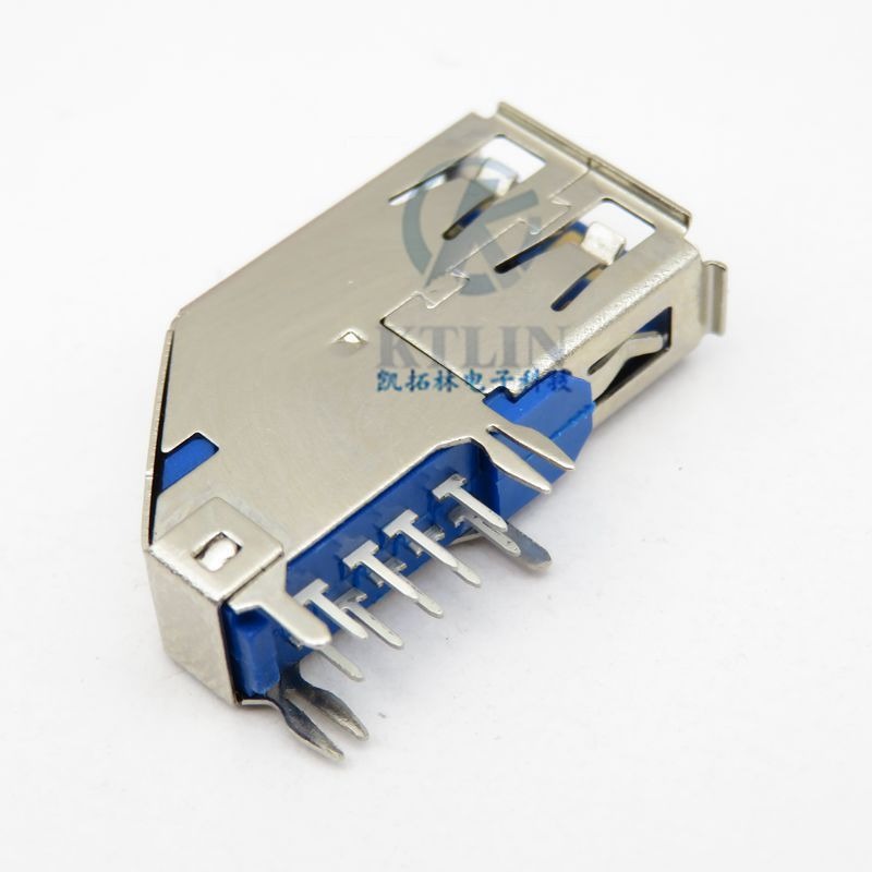USB 3.0 9p母座 侧插 四脚直插 侧立式 鱼叉脚 蓝胶芯 卷边 9pin连接器