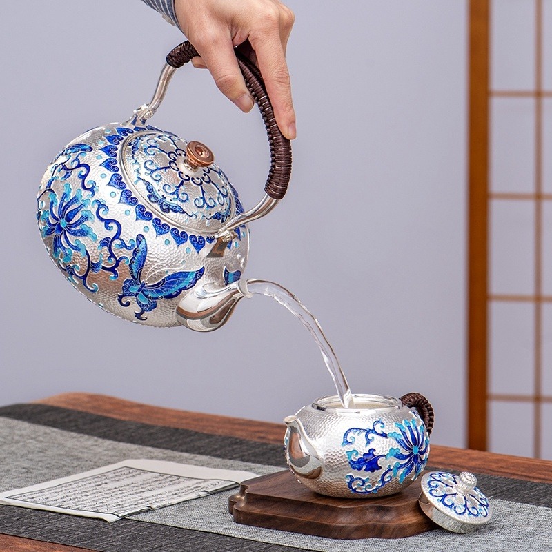 珐琅S999纯银茶具茶器 手工掐丝烧水泡茶银壶景泰蓝银茶杯公道杯