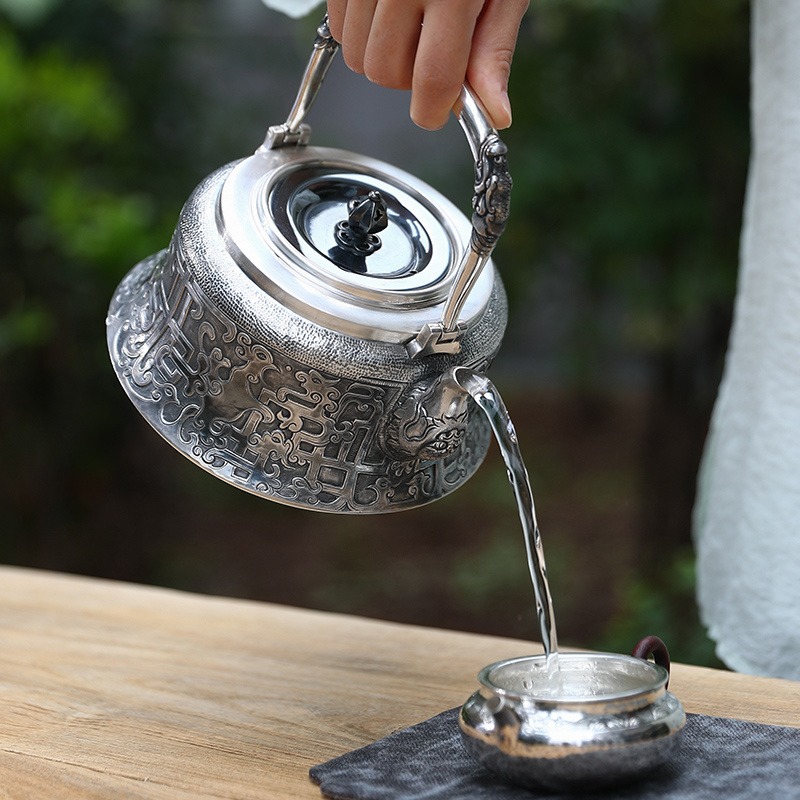 纯银999银壶 烧水壶家用煮茶壶纯手工一张打复古日式茶道茶具